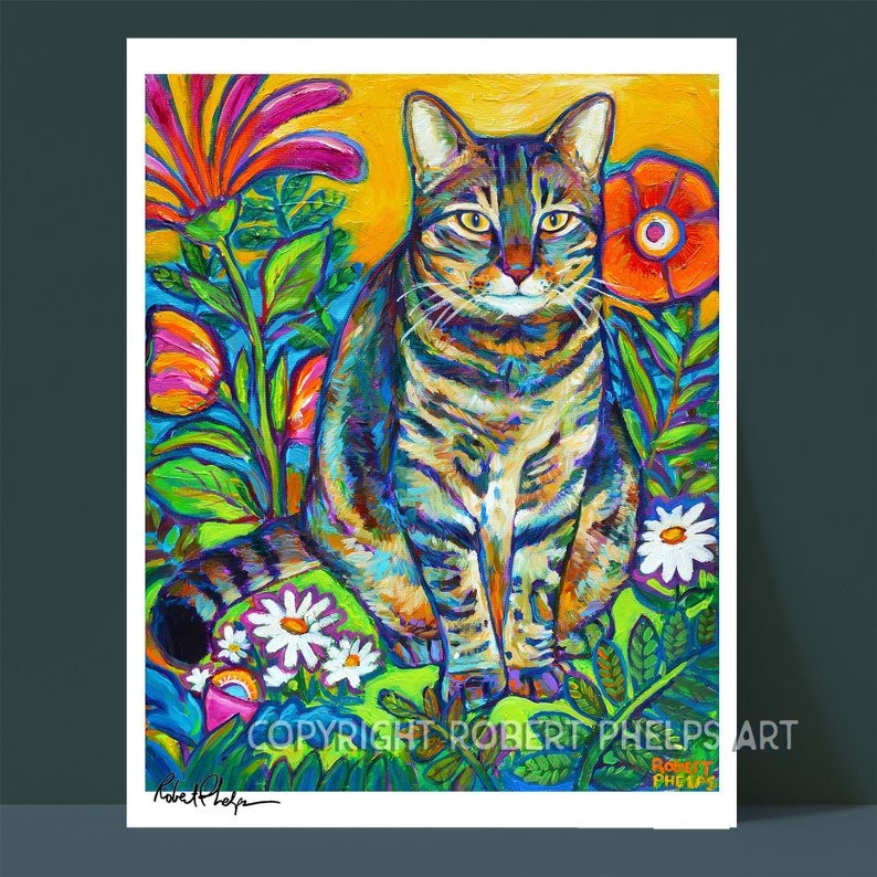 May include: A colorful painting of a tabby cat sitting in a garden with bright flowers and green leaves. The cat has a white chest and paws and is looking directly at the viewer. The background is a bright yellow.
