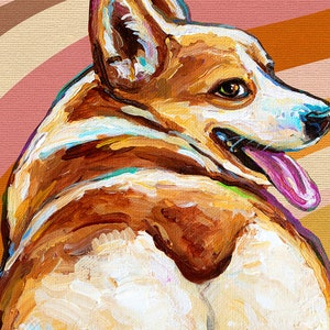 May include: A painting of a brown and white corgi dog with its tongue sticking out. The dog is facing to the right and is painted in a colourful, abstract style.