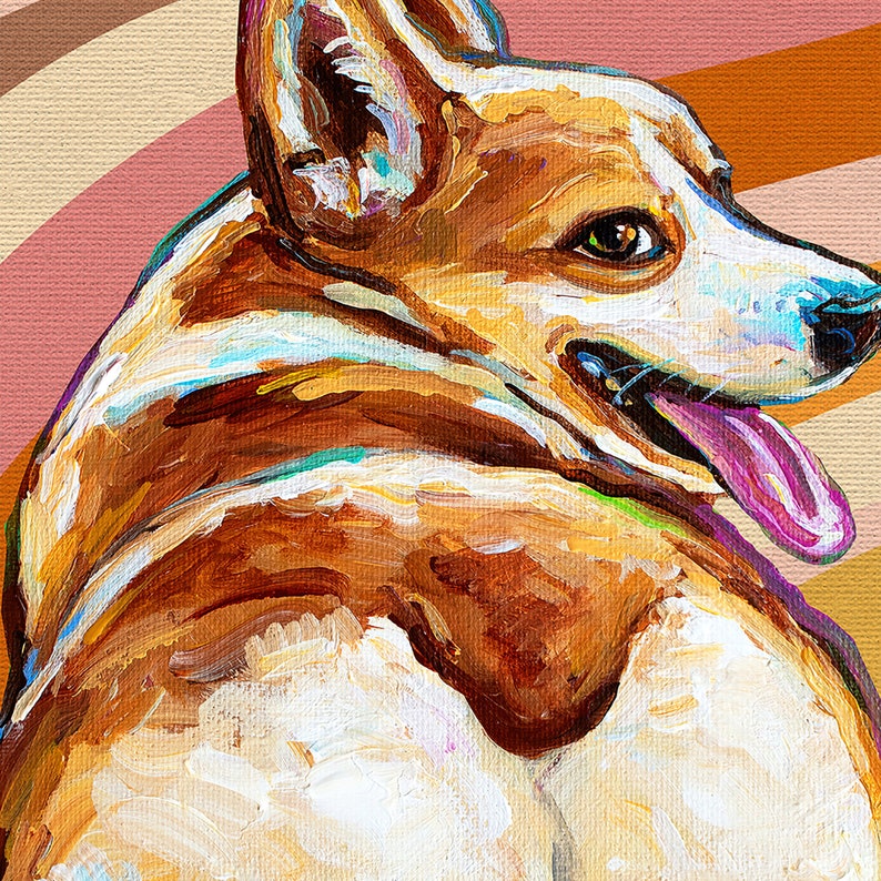 May include: A painting of a brown and white corgi dog with its tongue sticking out. The dog is facing to the right and is painted in a colourful, abstract style.