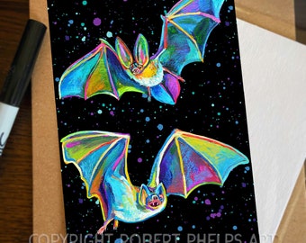 Fine Art. Creepy Cute Gothic Bat Mini Print; Unframed 4x6 Psychedelic Bats Wall Art, Pastel Goth Art Prints, Fun Halloween Bat Giclee Print