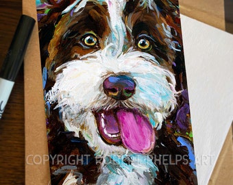 May include: A painting of a brown and white dog with a pink tongue sticking out. The dog has a happy expression on its face. The painting is done in a colorful style with brushstrokes visible.