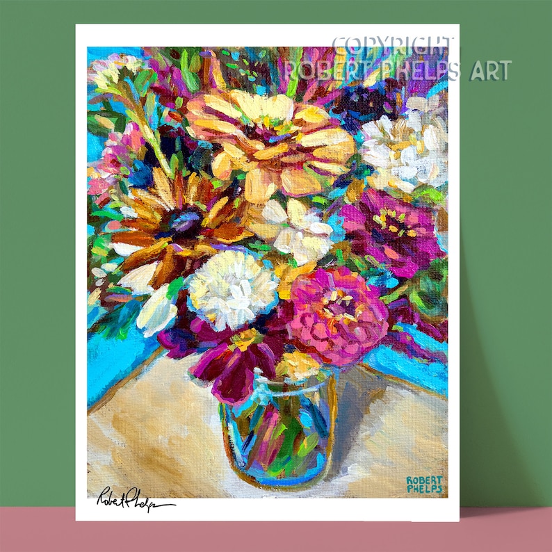 May include: A painting of a colorful bouquet of flowers in a clear glass jar. The flowers are mostly pink, purple, white, and yellow. The background is a light blue.