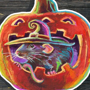 Halloween Stickers Cute, Rat in Witch Hat Art, Happy Halloween Sticker, Spooky Cute Rat Sticker, Cute Rat Decal for Laptop, Rat Illustration