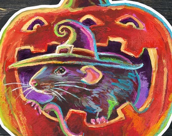 Halloween Stickers Cute, Rat in Witch Hat Art, Happy Halloween Sticker, Spooky Cute Rat Sticker, Cute Rat Decal for Laptop, Rat Illustration