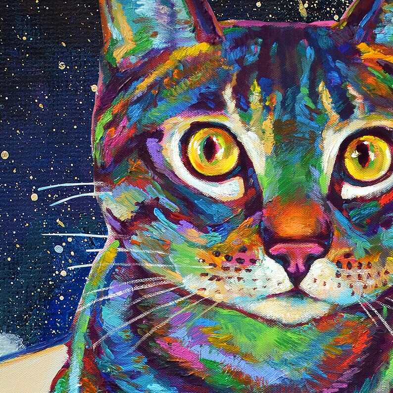 May include: Close-up of a cat's face painted in vibrant colors, including blues, greens, yellows, and oranges. The cat's eyes are bright yellow, and its nose is pink. The background is a dark blue with gold glitter.
