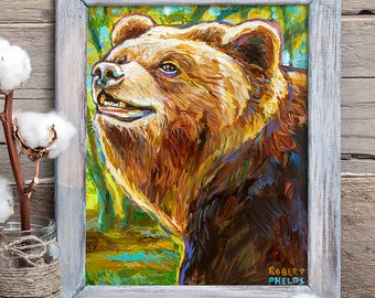 Grizzly Bear Original Painting on Canvas, Hand-Painted Bear Art, Unique Wildlife Wall Decor, Rustic Nature Artwork, Bear Lover Gifts