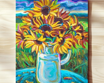 Sunflower Art Print, Colorful Floral Wall Art, Bright Summer Decor, Yellow Flower Painting, Cottagecore Gift for Mom, Kitchen Wall Decor
