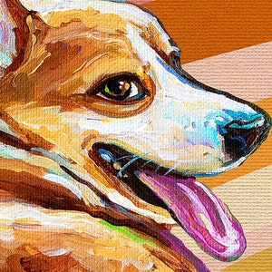 May include: A close-up of a dog's face, painted in a colourful, abstract style. The dog has brown and white fur, a pink tongue sticking out, and a bright blue eye. The background is a blurred, striped pattern of orange, pink, and yellow.