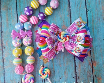 Candy hair bow, Candyland hair bow, Candy bow, Candyland necklace, Lollipop hair bow, Lollipop necklace, Candy party, Candyland party, Candy
