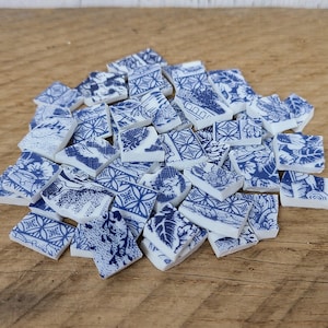 Fine China Mosaic Tiles 60 pcs Carefully Hand Cut Ceramic Plate Blue & White Pattern Broken Vintage Dish Handmade Art Craft Supply Artwork