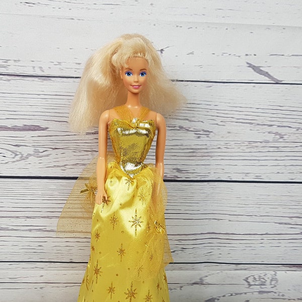 Vintage 80s Blond Barbie / Barbie Doll w/ Clothing / Wearing Glittering Yellow Ball Gown / Evening Dress / Body 1966 Malaysia