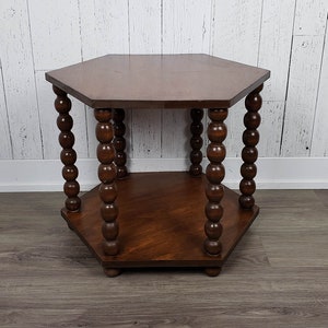 Vintage Two Tier Hexagon Side Table Mid Century Modern Wooden Plant Stand Indoor Garden Geometric Coffee End Table Eclectic Bohemian Decor