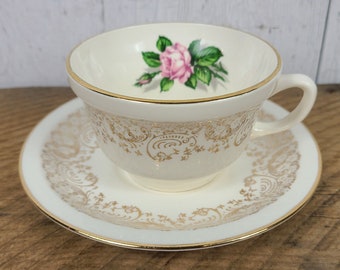 Vintage Tudor Rose Teacup & Saucer Set Georgian China USA 22KT Gold Filigree Trims Floral Flower Single Dainty English Tea Cup Individual