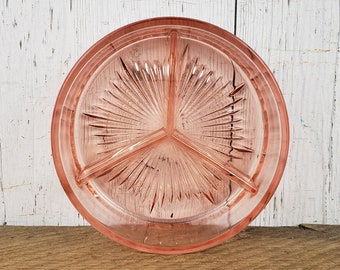 Vintage Pink Depression Glass Bowl Divided Relish Dish Sunburst Pattern Platter Retro Candy Display Three Section Tray Country Chic Decor