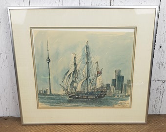 Vintage The Marques Tall Ships in Toronto Print Nautical Metal Frame w/ Glass Wall Hanging Art Classic Office River Sea Boats Beach Decor