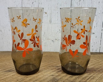 Vintage Set of 2 Butterfly Smoked Brown Tumbler Glasses 12 oz Libbey Glass Water Juice Drinking Cups Modern Mid Century 60s Smokey Glassware