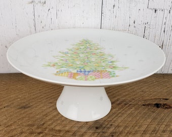 Vintage Christmas Cake Stand Decorated Tree Footed Porcelain Cookie Platter Japan Service Tray Dinner Party Food Display December Decor