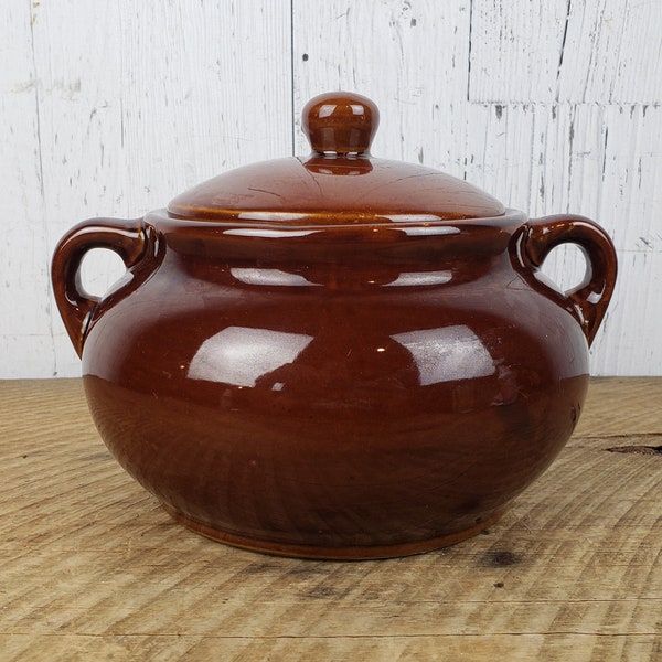 Vintage Glazed Stoneware Ovenproof Hull Bean Pot w/ Lid Brown Ceramic Cookware Cookie Jar Mid Century Kitchen Counter Canister Storage