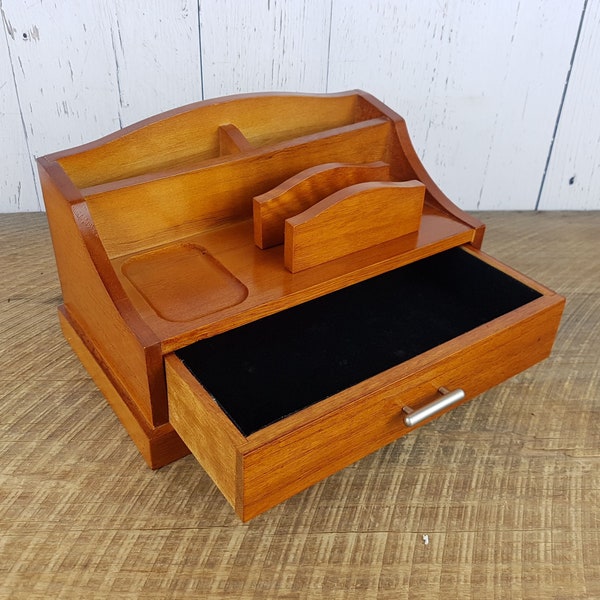 Vintage Wood Valet Tray for Men Wooden Catchall w/ Drawer Storage Retro Bedroom Decor Office Desk Organizer Home Organization Gift for Him