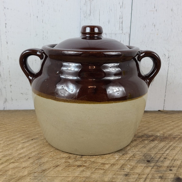 Vintage Stoneware Soup Tureen w/ Lid Ovenproof Bean Casserole Dish Brown & Beige Modern Mid Century Hand Thrown Pottery Bohemian Ceramic