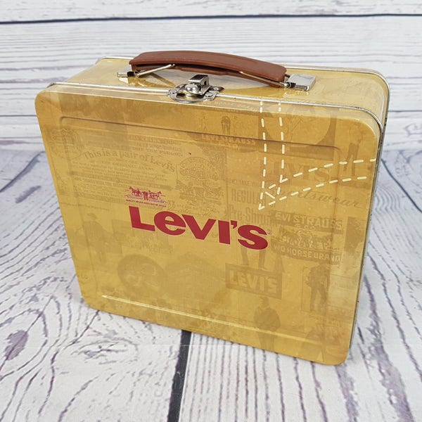 Vintage Levi's Metal Tin Box w/ Handle Lunchbox Lunch Collectible Storage Container Jeans Levis Levi Strauss