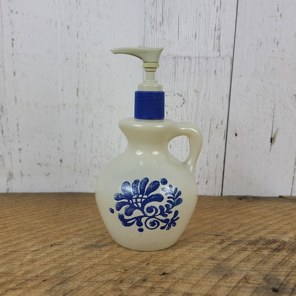 Vintage Avon Glass Soap Dispenser Bottle w/ Pump Blue Floral on Cream Bathroom Accessory Washroom Counter Boho Chic Bohemian Flower Decor