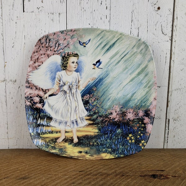 Vintage Angel Wing Child Decorative Plate 12" Porcelain Birds in Nature Collectible Wall Hanging Gift Angelic Decoration Country Chic Decor