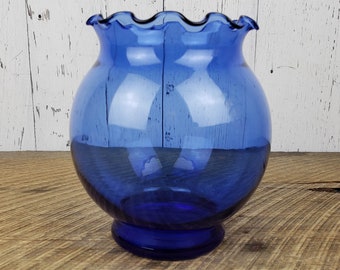 Vintage Cobalt Blue Glass Vase 5" Anchor Hocking Footed Round Bubble Ruffled Top Collectible USA Glassware Retro Wedding Centerpiece Decor