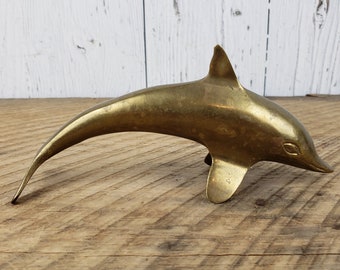 Vintage Dolphin Brass Statue Gold Tone Metal Figure Nautical Sea Animal Figurine Paperweight Unique Decor Bohemian Boho Modern Mid Century