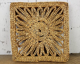 Vintage Square Wicker Rattan Trivet 7.5" Wide Flower Center Weaved Straw Wall Hanging for Boho Basket Lot Rustic Bohemian Decor Southwestern