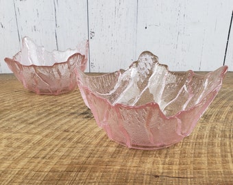 Vintage Set of 2 Pink Pressed Viking Glass Bowl Spiked Candy Dish Cabbage Lettuce Shaped Frosted Look Serving Bowl Display Trinket Holder