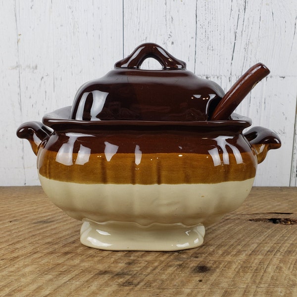 Vintage Stoneware Ceramic Soup Tureen w/ Lid and Ladle Modern Mid Century Bean Casserole Dish Pottery Ovenproof Bohemian Kitchen Boho Chic