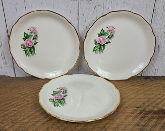 Vintage Set of 3 Rose Royale Bread Plate 6" USA Origin 22 KT Warranted Fine China Pink Flower Floral Replacement Dish Plates Victorian Style