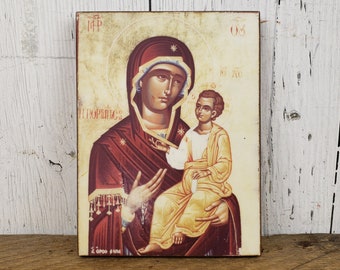 Vintage Mary Mother of God Orthodox Icon Wall Hanging Art Wood Wall Plaque Jesus Christ Religious Prayer Gift Catholic Christian Baptism