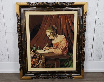 Vintage Extra Large Woman Writing At Desk Needlepoint Embroidery Wood Frame Original Artwork Victorian Style Lady Wall Hanging Tapestry