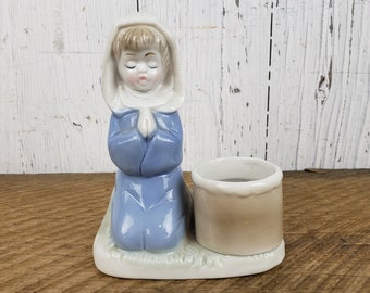 Vintage Praying Girl Candle Holder Porcelain Statue Child Prayer Figure First Communion Figurine Religious Gift Catholic Christian Baptism