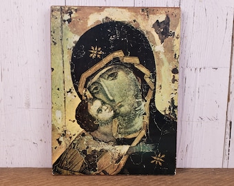 Vintage Virgin of Vladimir Mary Baby Jesus Wall Hanging Art Wood Wall Plaque Mother of God Religious Prayer Gift Catholic Christian Baptism