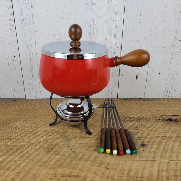 Vintage Enamel & Wood Fondue Set Pot w/ Stand 6 Skewers Stainless Lid Red Hot Pot Dinner Table Warmer Mid Century Modern Retro Dinner Party