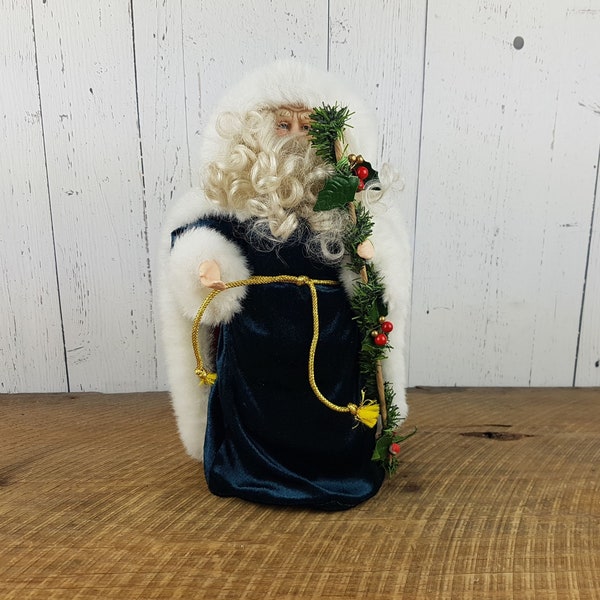 Vintage Saint Nick Christmas Tree Topper 13" Santa Claus White and Green Velvet & Faux Fur Coat Retro Tree Top Trimming Party December Decor