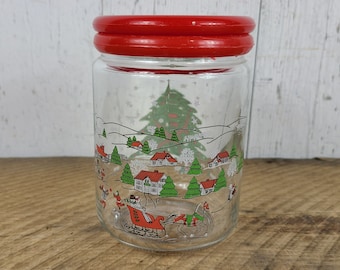 Vintage Christmas Canister Glass Candy Jar w/ Red Plastic Lid 80s Christmas Pleasure by Kig Indonesia Apothecary Container Counter Decor