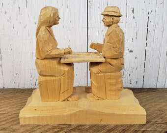 Vintage Old Man & Woman Playing Checkers Sculpture Hand Carved Wood Figures Grandparents Wooden Statue Artwork Statuette Modern Mid Century