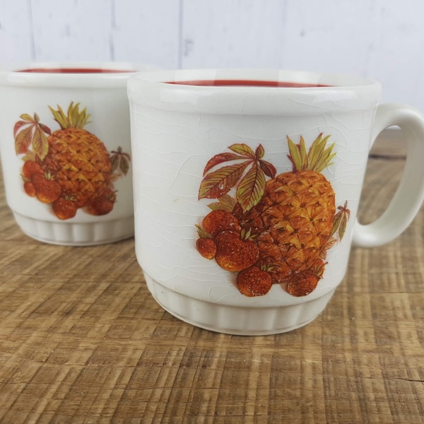 Vintage Set of 2 Fruit Themed Coffee Cups EIT Ltd England Tea Mugs Pattern Pineapple Strawberies Pears Eclectic Bohemian Boho Chic Decor