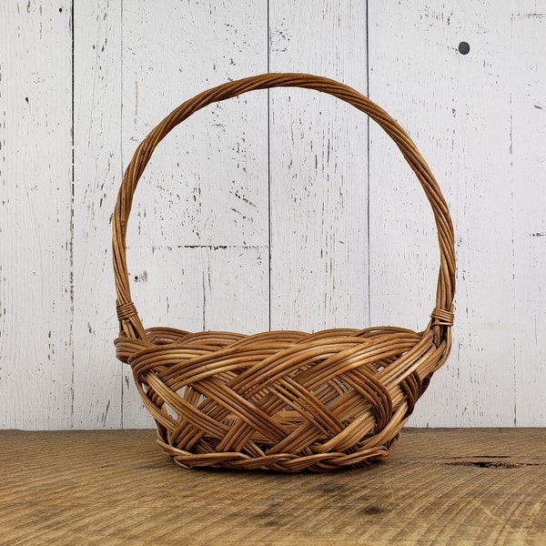 Vintage Rattan Wicker Carrying Basket 13" High x 11" Wide Easter Basket w/ Handle Flower Girl Rustic Wedding Decor Boho Bohemian Storage