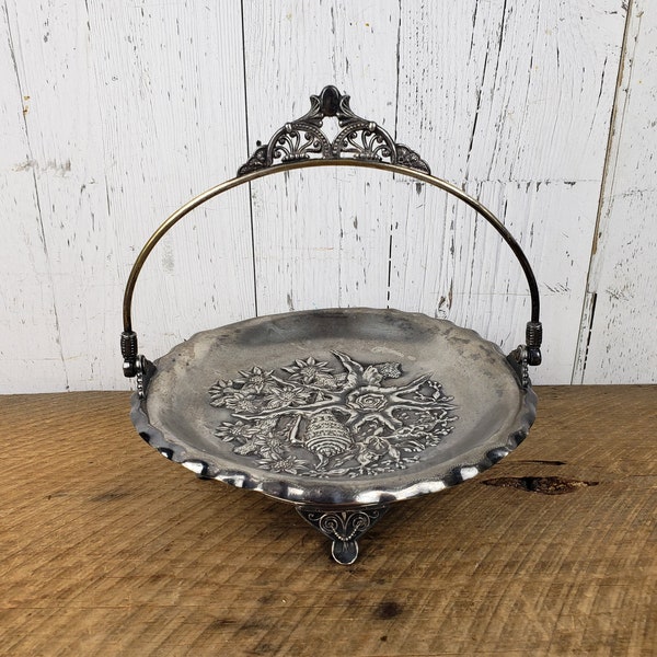 Antique 1880's Pairpoint MFG Co Quadruple Silver Plate 1225 Bride Cake Footed Handle Basket Aesthetic Movement Victorian Era Wedding Platter