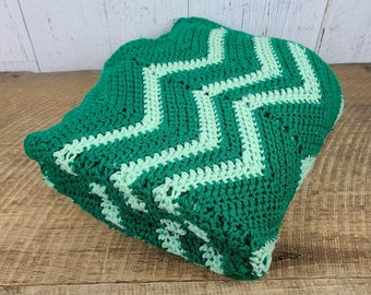 Vintage Turquoise & Green Chevron Afghan Blanket Crochet Knit Throw 39" x 88" Boho Retro Living Room Decor Bedding Mid Century Modern