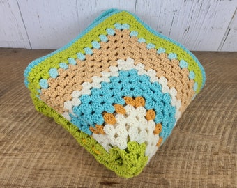 Vintage Granny Square Afghan Blanket Crochet Knit Throw 45" x 48" Blue Yellow & Green Beige Boho Chic Retro Living Room Couch Decor Bedding