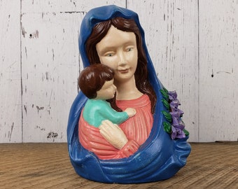 Vintage Virgin Mary Holding Baby Jesus Statue Ceramic Figure Peaceful Mother & Holy Child Religious Shrine Gift Catholic Christian Baptism