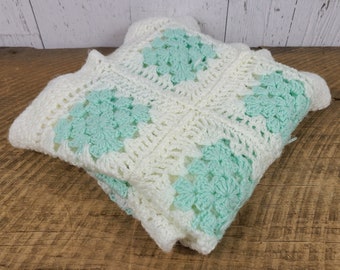 Vintage Turquoise & White Squares Afghan Blanket Crochet Knit Throw 28" x 36" Baby Nursery Decor Retro Living Room Couch Decor Bedding Boho