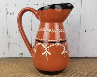 Vintage Boho Glazed Ceramic Pitcher Jug Orange Beige & Black Hand Thrown Artisan Pottery Decanter Bar Decor Bohemian Modern Mid Century