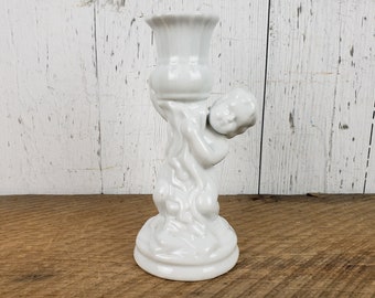 Vintage Cherub Baby Candle Holder 6" High White Ceramic Dinner Candlestick Candleholder Cupid Angel Candlelit Gothic Rococo Style Decor